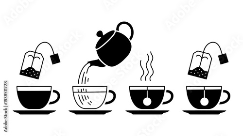 A sequential illustration depicting the step-by-step process of brewing and serving hot tea with teabags.
