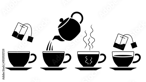 Four minimalist black icons demonstrating the stages of preparing a warm tea beverage with distinct steam patterns.