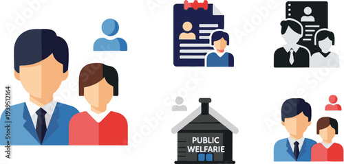 Flat style social policy icons collection including rights advocacy, poverty reduction, accessibility standards, childcare support, disaster relief aid, minimum wage policy, pension program, and labor