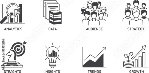 Market research icon set. Analytics, data, audience, strategy, insights, trends, growth icons. Thin line editable stroke vector illustrations vector