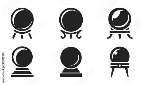 Assortment of Crystal Balls on Decorative Stands, vector illustration collection representing fortune-telling, mysticism, and divination symbols, isolated magical objects ideal for spiritual themes