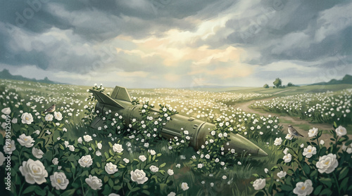 A rusty abandoned missile covered by blooming white roses and birds. Ideal for pacifist movements, environmental recovery themes, and anti-war artistic projects.