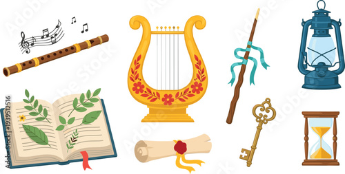 Vector illustration of magical and symbolic objects including flute, lyre, lantern, book, scroll, key, hourglass, staff for fantasy themes