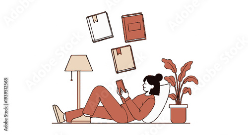 Woman relaxing on floor reading book with plant lamp and papers floating nearby