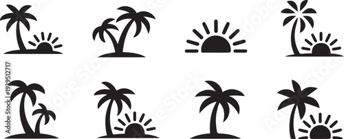 palm trees and sunrise silhouette icon set