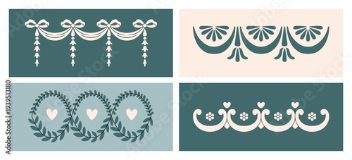 Set with seamless borders, classical ornaments with floral motifs. Vector illustration. For textile design, wallpaper patterns, invitations design and packaging and branding projects. 