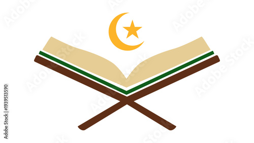 Open Quran with crescent moon and star on stand