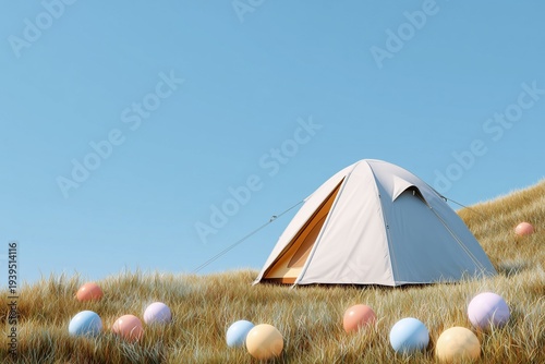 Camping tent on grass field with colorful eggs.
