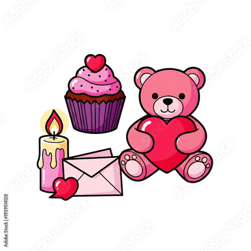 Vector flat design illustration of a pink teddy bear holding a heart with a cupcake, candle, and envelope on a white background, conveying a sweet and romantic mood.