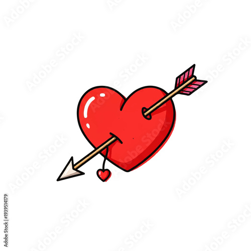 Vector flat design illustration of a red heart pierced by an arrow with a small heart, on a white background.