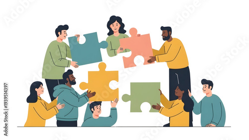Business Team Assembling Puzzle Pieces – Teamwork, Collaboration and Problem Solving Concept, Transparent SVG Illustration