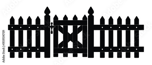 Black and White Illustration of a Picket Fence with a Gate, vector style drawing featuring classic wooden fence panels and entrance gate, ideal for garden, property boundary, landscaping, 