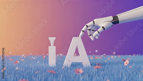 Robotic hand positions 'A' for 'IA' on digital meadow, symbolizing careful development and integration of artificial intelligence shaping an innovative future