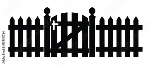 Black and White Illustration of a Picket Fence with a Gate, clean vector artwork showing traditional wooden fence structure with gate entrance, isolated graphic suitable for landscaping plans