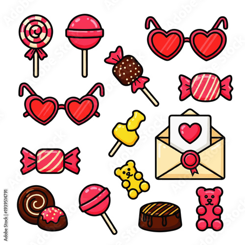 Vector flat design illustration of various candies and sweets with hearts, including lollipops and chocolates, in a colorful and playful style against a clean white background.
