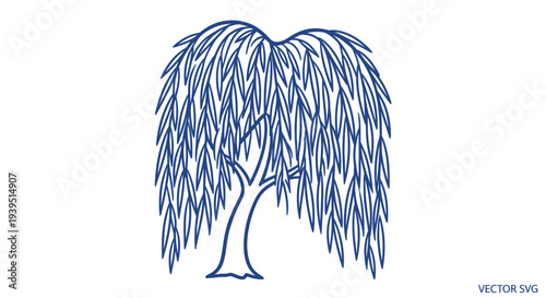 Blue Willow Tree Silhouette Isolated on White Background, Minimalist Line Art