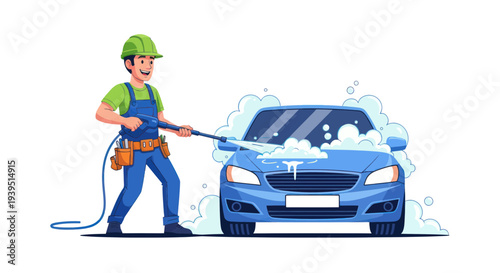 Car Wash Service: Man Cleaning Blue Car with Pressure Washer and Foam