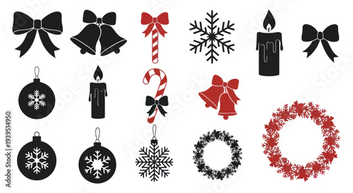 Christmas Icons Set: Bells, Bows, Snowflakes, Ornaments, Wreaths, Candy Canes