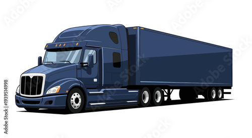 Dark Blue Semi Truck and Trailer Isolated on White Background
