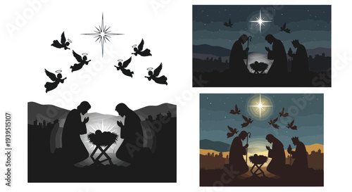 Nativity Scene Silhouette with Angels and Star of Bethlehem