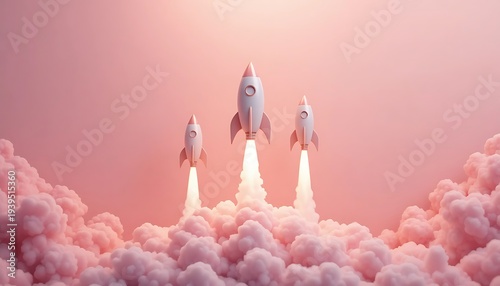 Three white rockets launching into a pink sky with fluffy clouds and sunlight in the background.