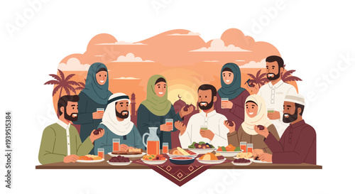 Cartoon dog family with parents and children having fun together in a forest with trees near a house illustration