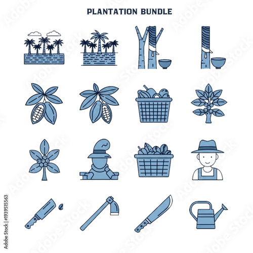 A collection of plantation-themed vector icons featuring various tropical plants, agricultural tools, and farmers.