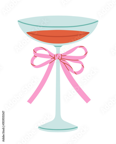 Poster with a cocktail in coupe glass decorated with a bow. Vector illustration. Can be used in bar menu design, party invitations, summer drink advertisements, cocktail recipe and lifestyle blogs.