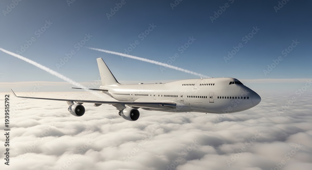 Obraz premium A large white airplane flying high above the clouds in a clear blue sky