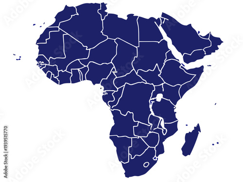 Africa continent map with country borders on transparent background