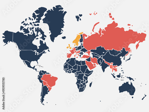Colorful world map with countries in different colors on light gray background
