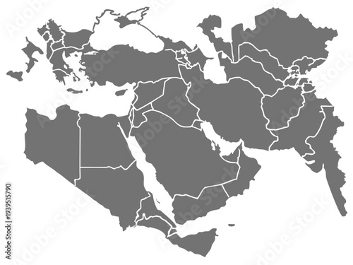 Gray map of Middle East and North Africa with country borders on white background