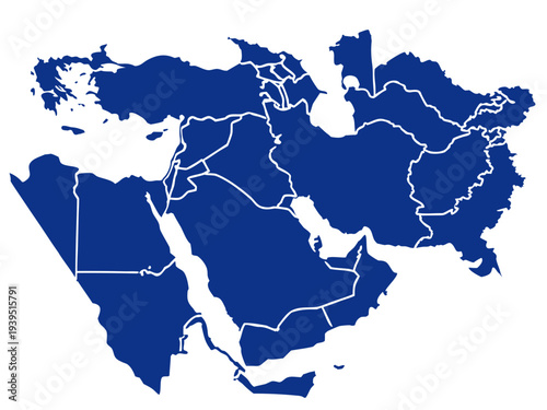 blue map of middle east and north africa with country borders