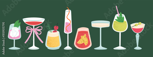 Collection of cocktails in glasses of different shapes. Vector illustration. Can be used in menu design,  bar promotions, mixology guides, or party invitation designs.