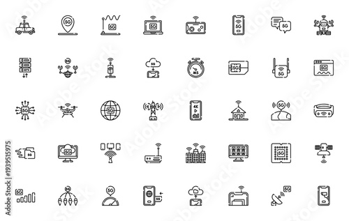 5G technology icon set. Vector illustration featuring smart car, gaming, robot, cloud computing, VR glasses, smart city, drone, chip, router and more. Editable stroke.