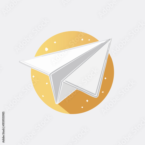 Paper airplane flying forward in a golden circle, symbolizing communication and journey.