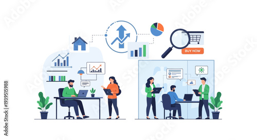 Digital Marketing Strategy & E-commerce Business Growth with Team Collaboration - Flat Illustration
