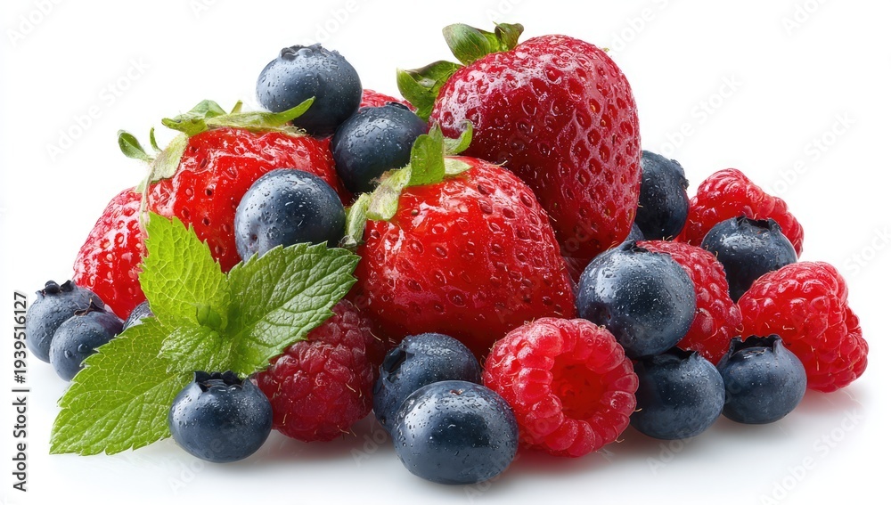 Obraz premium Fresh Mixed Berries with Mint Leaves on White Background.