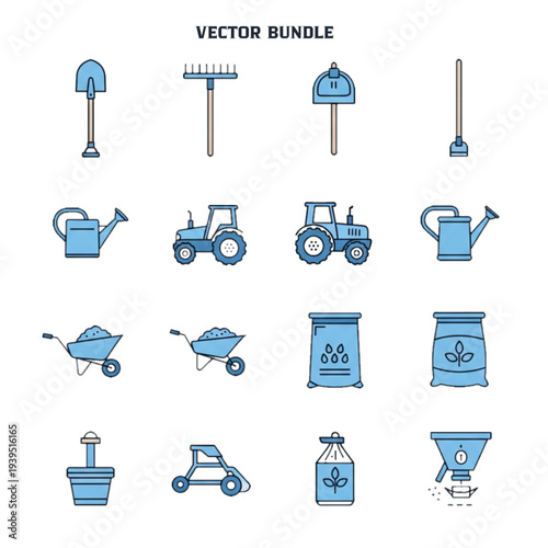 A collection of vector icons depicting various farming and gardening tools, equipment, and supplies in a blue and grey color scheme.