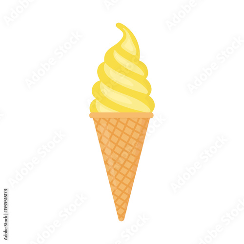 Yellow ice cream scoop in waffle cone. Flat vector illustration isolated on white background