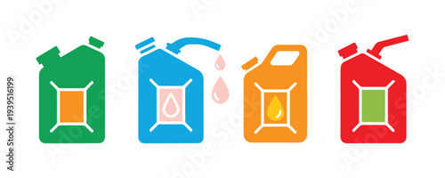 A canister with a variety of colorful design icons. It features a drop of fuel. This is a vector design concept for the oil industry, illustrated in an outline style pictogram.