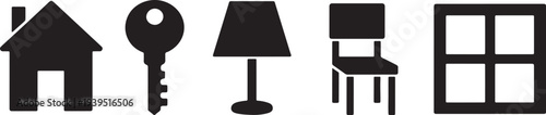 Simple black icons depicting a house key lamp chair and window