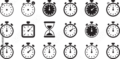 Timers icon set on transparent background. Stopwatch symbol silhouette icon set