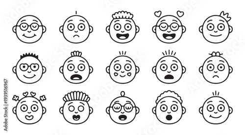 Collection of cartoon baby faces expressing various emotions and moods for childish design