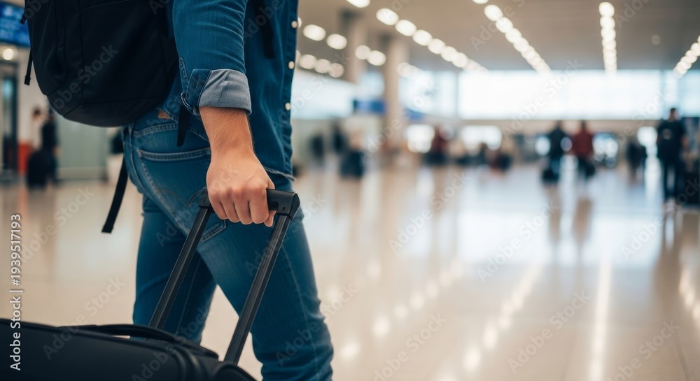 Fototapeta premium A Solo Traveler Navigating Through a Bustling Airport Terminal with Luggage in Hand, Ready for an Adventure Ahead