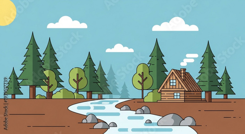 Cozy log cabin by a serene stream surrounded by lush green trees and rocks under a sunny blue sky with fluffy clouds