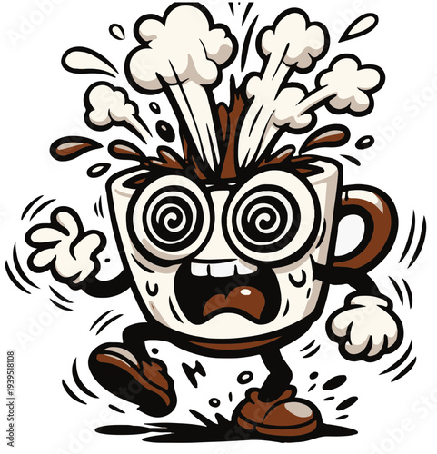 A coffee cup overwhelmed by its own caffeine energy. The chaotic expression and movement create a humorous and relatable character.1