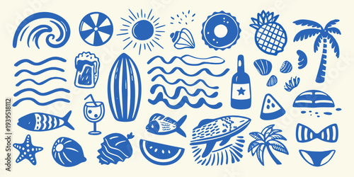 Stylized blue illustrations depict various summer and tropical vacation elements