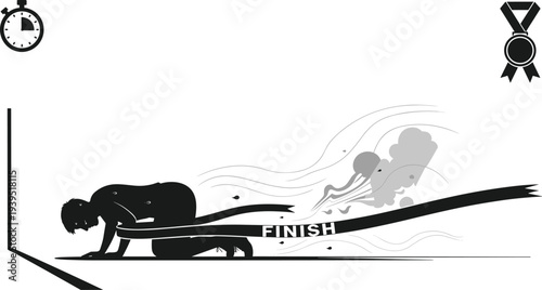 Exhausted Athlete Crawling Across Finish Line Symbolizing Determination, Perseverance and Ultimate Victory in Sports Competition Motivation Vector Illustration Concept