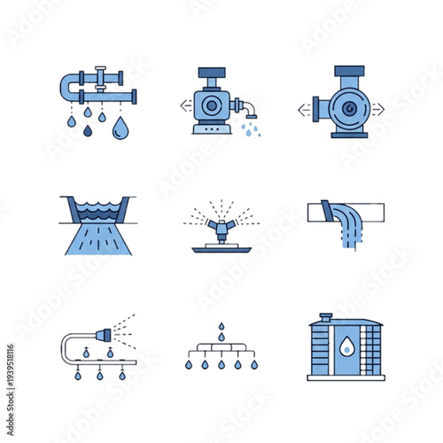Collection of flat line icons representing water supply, irrigation, and plumbing systems.